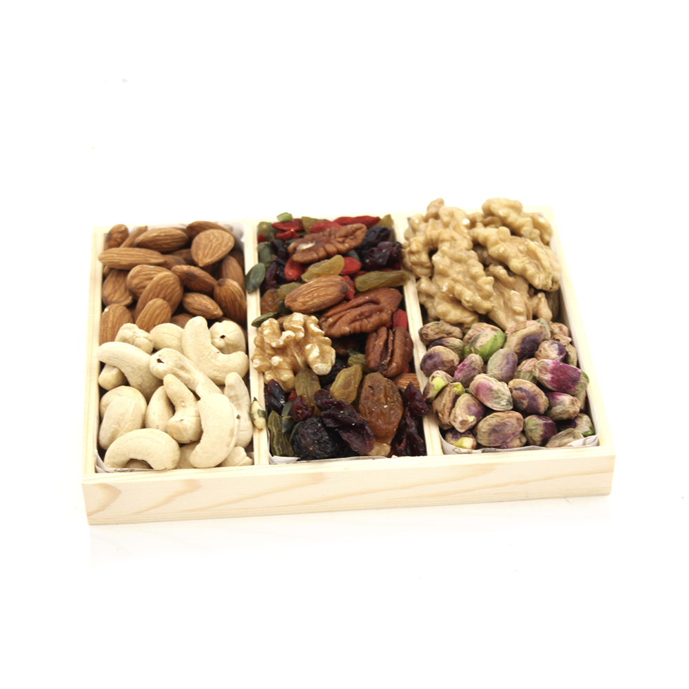 Fruits, Raw Nuts w/Wooden Tray 3 Partition 